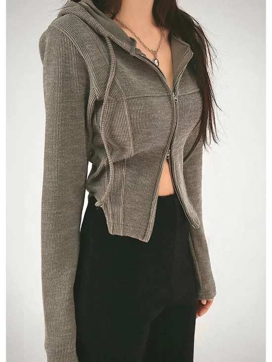 Tops - Ribbed Zip-Up Hoodie in Olive Taupe